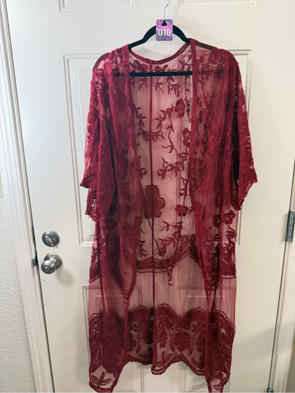 Burgundy Floral Lace Kimono Women’s Free Size Sheer Long Duster Boho 010